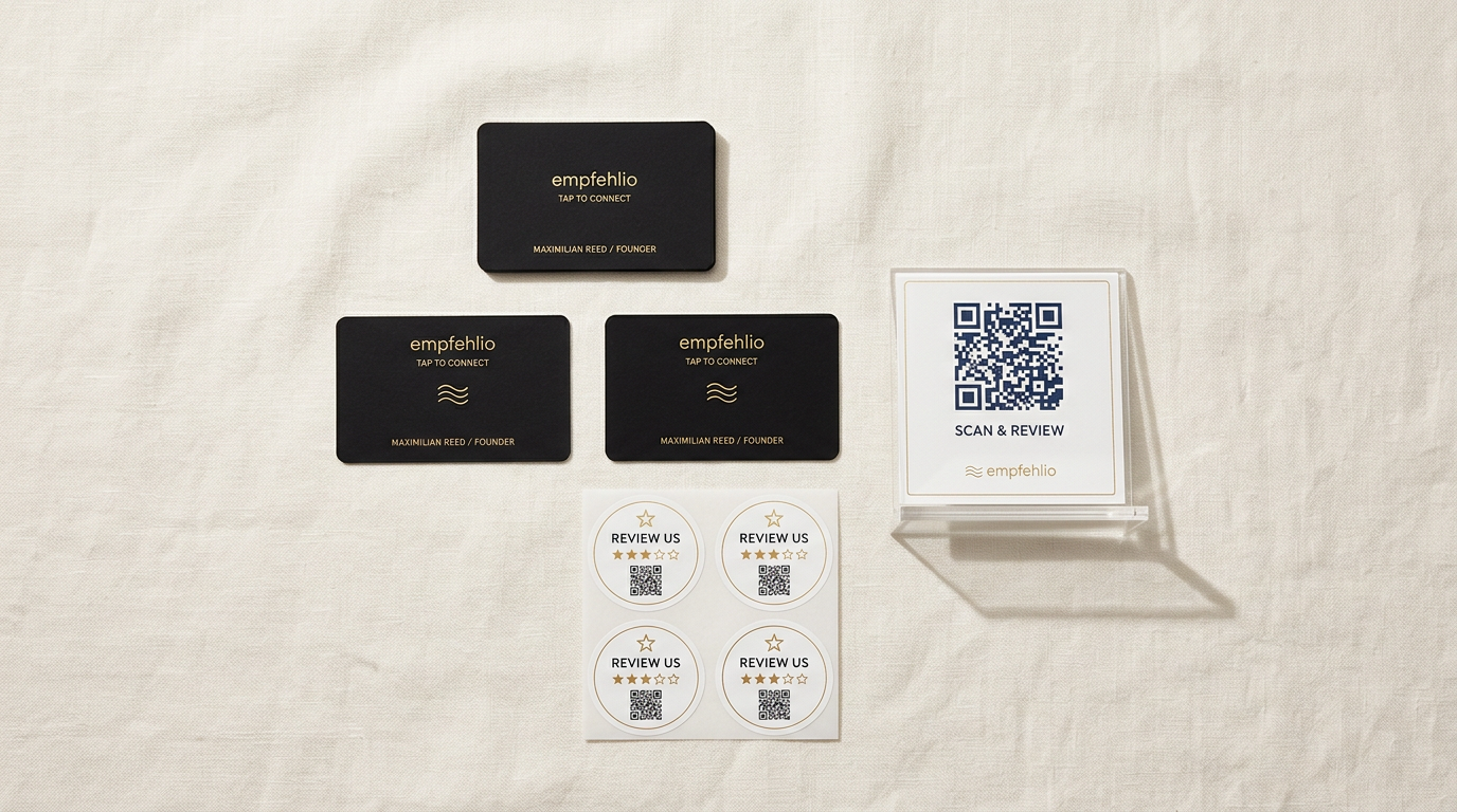 empfehlio Starter Set mit NFC Karten, Bewertungsaufklebern und QR Aufsteller
