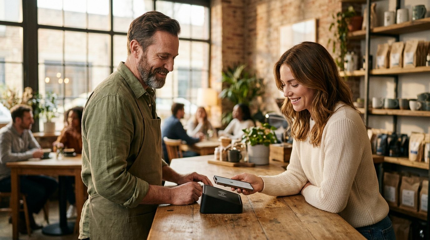 Kundin tippt mit dem Smartphone auf einen NFC Aufsteller von empfehlio in einem Café