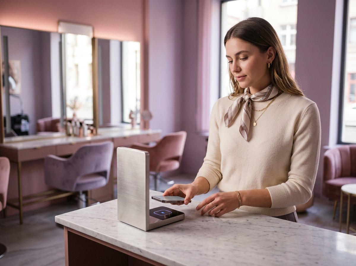 Kundin verbindet sich per NFC Display mit dem Instagram-Profil eines Salons