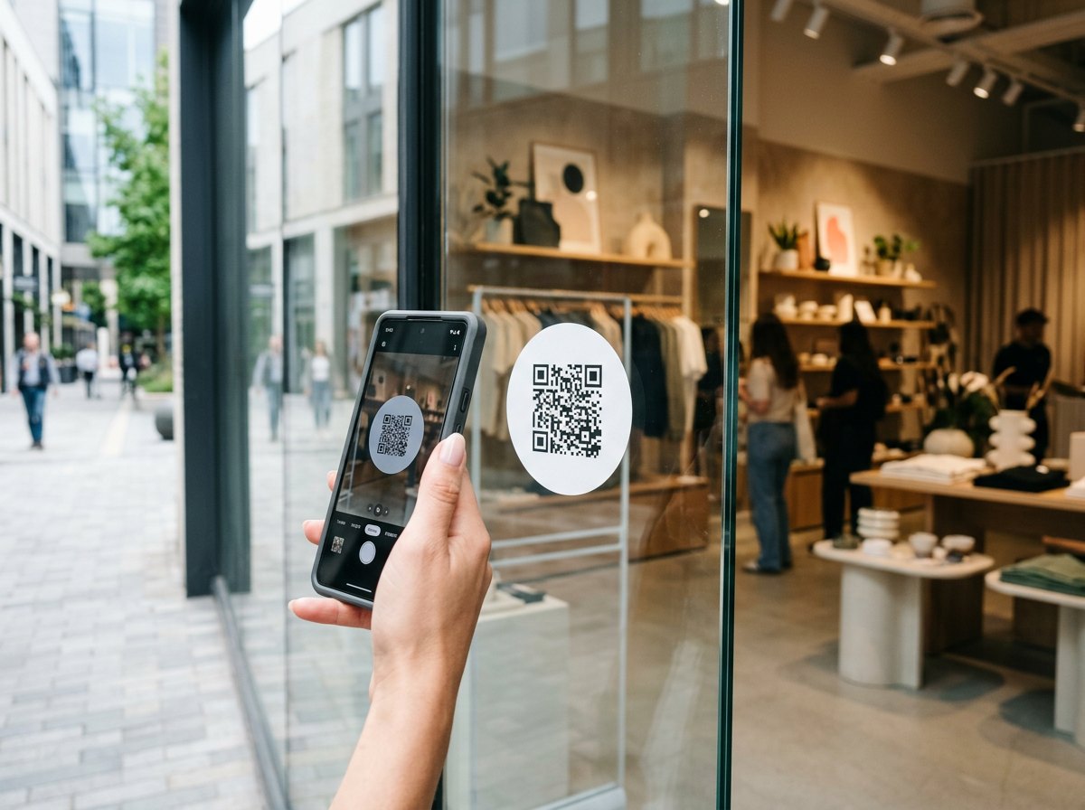 QR Code Sticker an einer Ladentür wird mit dem Smartphone gescannt