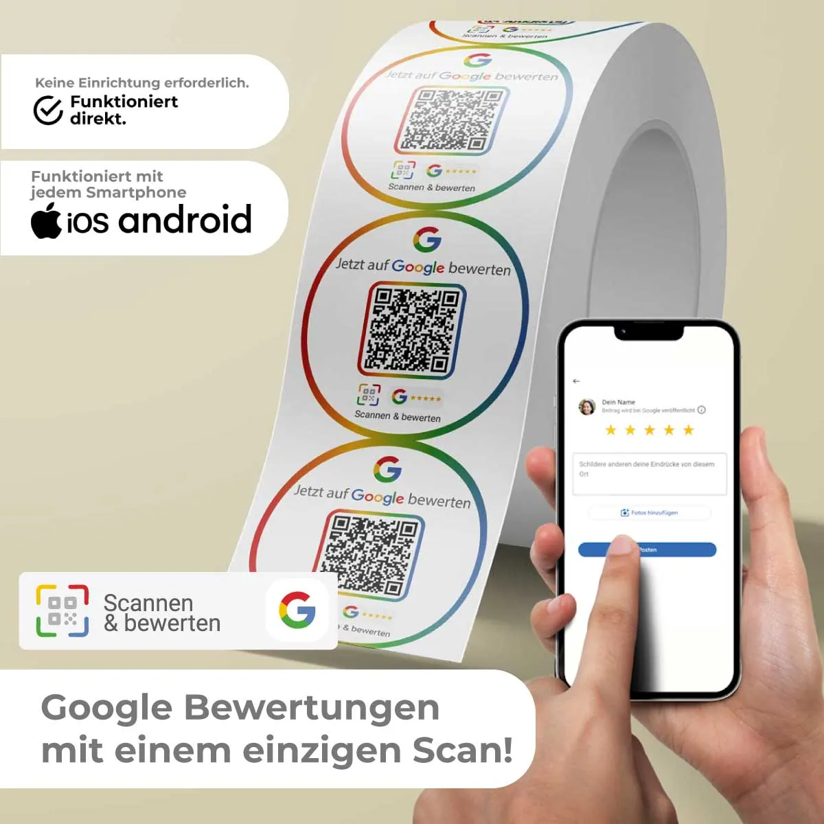 Google Bewertung QR Code Etikettenrolle – „G“-Design Schwarz & Weiß – Für mehr Bewertungen – Ansicht 2