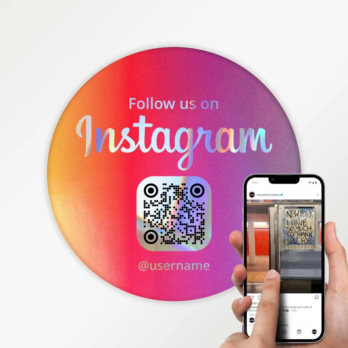 Instagram QR Code Sticker „Follow Us“ Rund – Hologramm Edition – 3 Größen