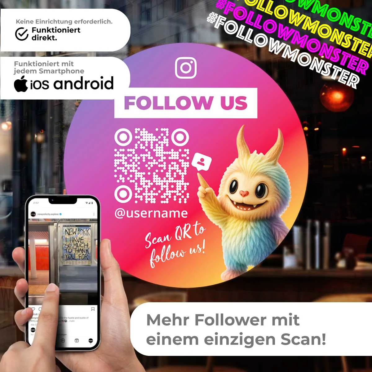 Instagram FollowMonster Sticker | QR Code Aufkleber | Follower-Magnet in 3 Größen – Ansicht 2