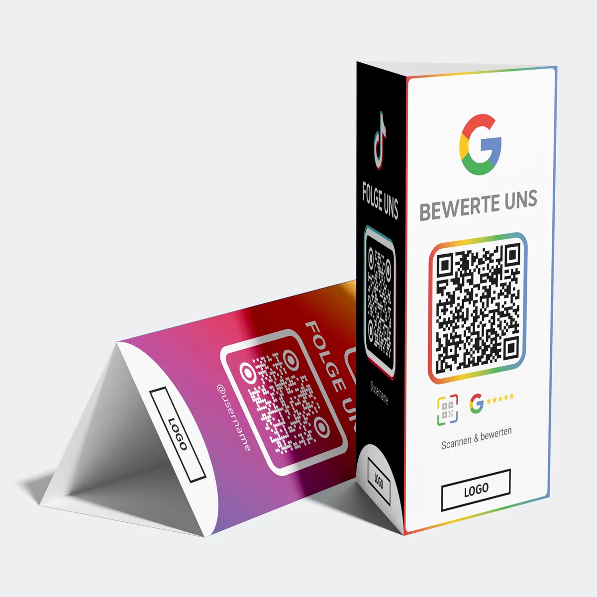Google Bewertung & Social Media Aufsteller | 3-Seiten Tischdisplay mit QR Codes für Google Reviews, Instagram & TikTok | QR Stand | Empfehlio Original – Ansicht 2
