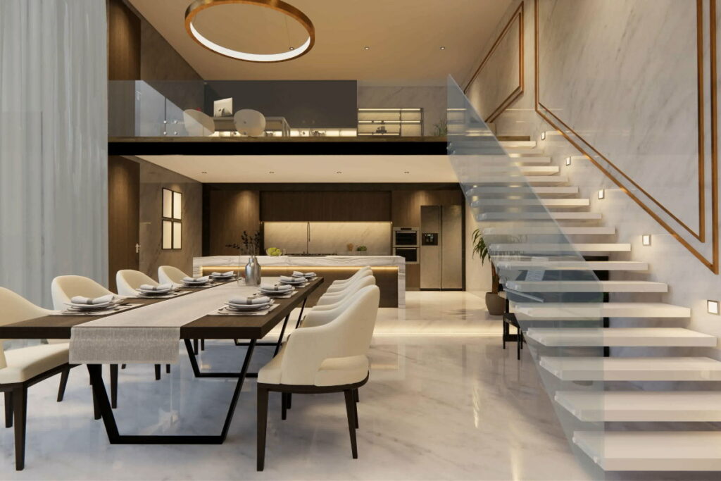 3d rendering. Interior house modern open living space with kitchen.Luxury modern style Duplex apartment residence.Home decoration luxury  interior design.