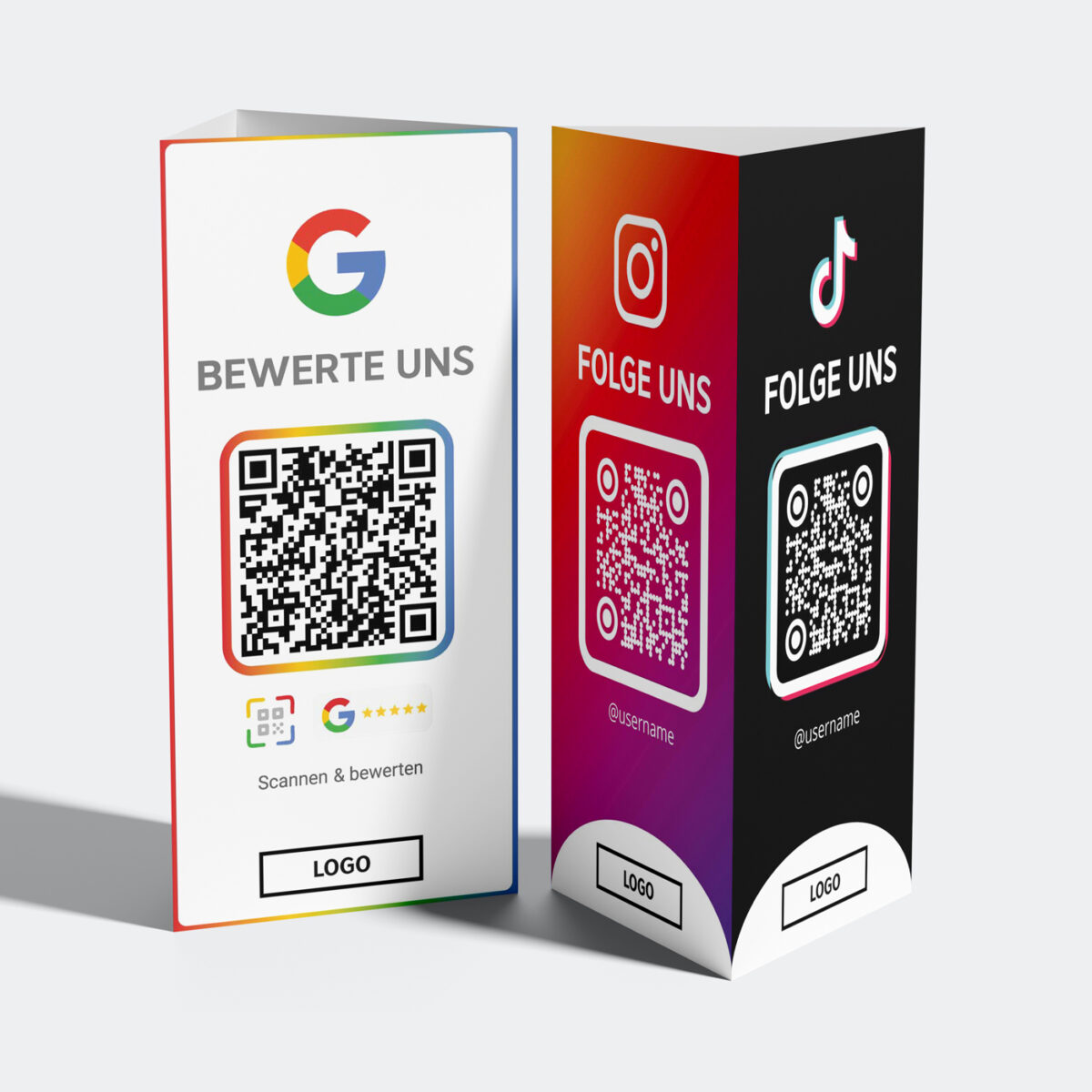 Google Bewertung & Social Media Aufsteller | 3-Seiten Tischdisplay mit QR Codes für Google Reviews, Instagram & TikTok | NFC & QR Stand | Empfehlio Original – Bild 1