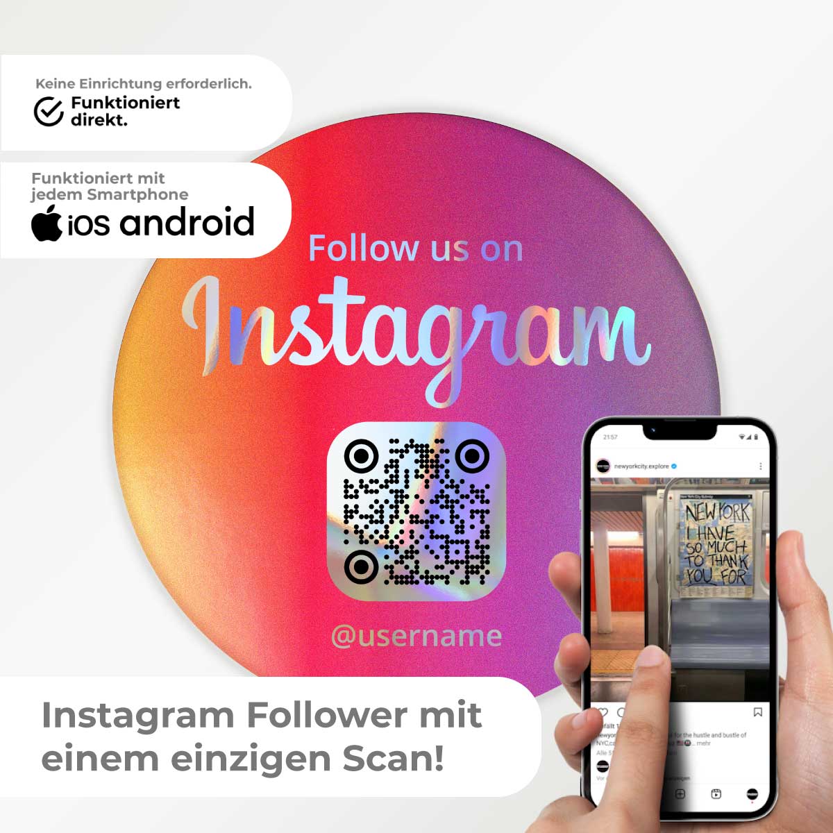 Instagram QR Code Sticker „Follow Us“ Rund – Hologramm Edition – 3 Größen – Bild 2