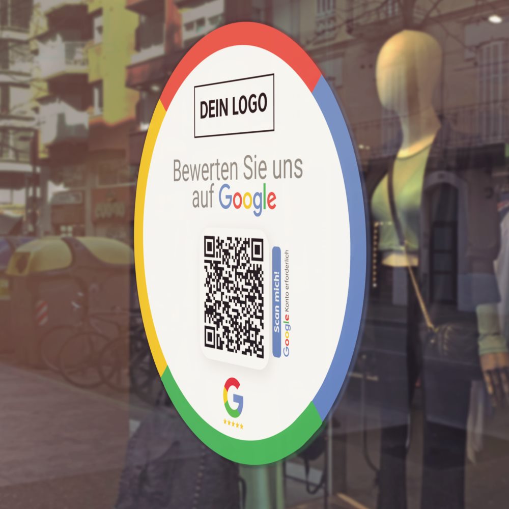 google aufkleber rund 2021 scheibe Bewerten Sie uns auf Google Aufkleber mit Google QR Code rund Clean Edition – Bild 1