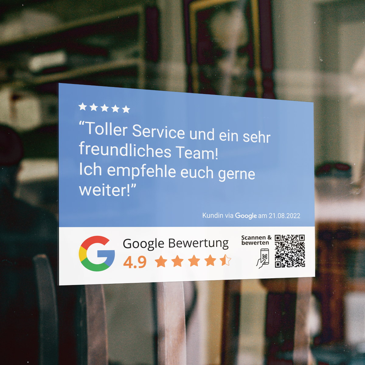 GOOGLE-TESTIMONIAL-STICKER-BLUE KUNDENSTIMME-EMPFEHLIO QR CODE Google Bewertungsaufkleber "Testimonial" mit QR Code – Bild 1