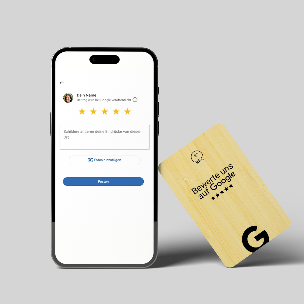 google NFC bewertungskarte visitenkarte wood a z 2 x NFC Holz Visitenkarte für Google Bewertungen "Tap Premium" – Bild 1