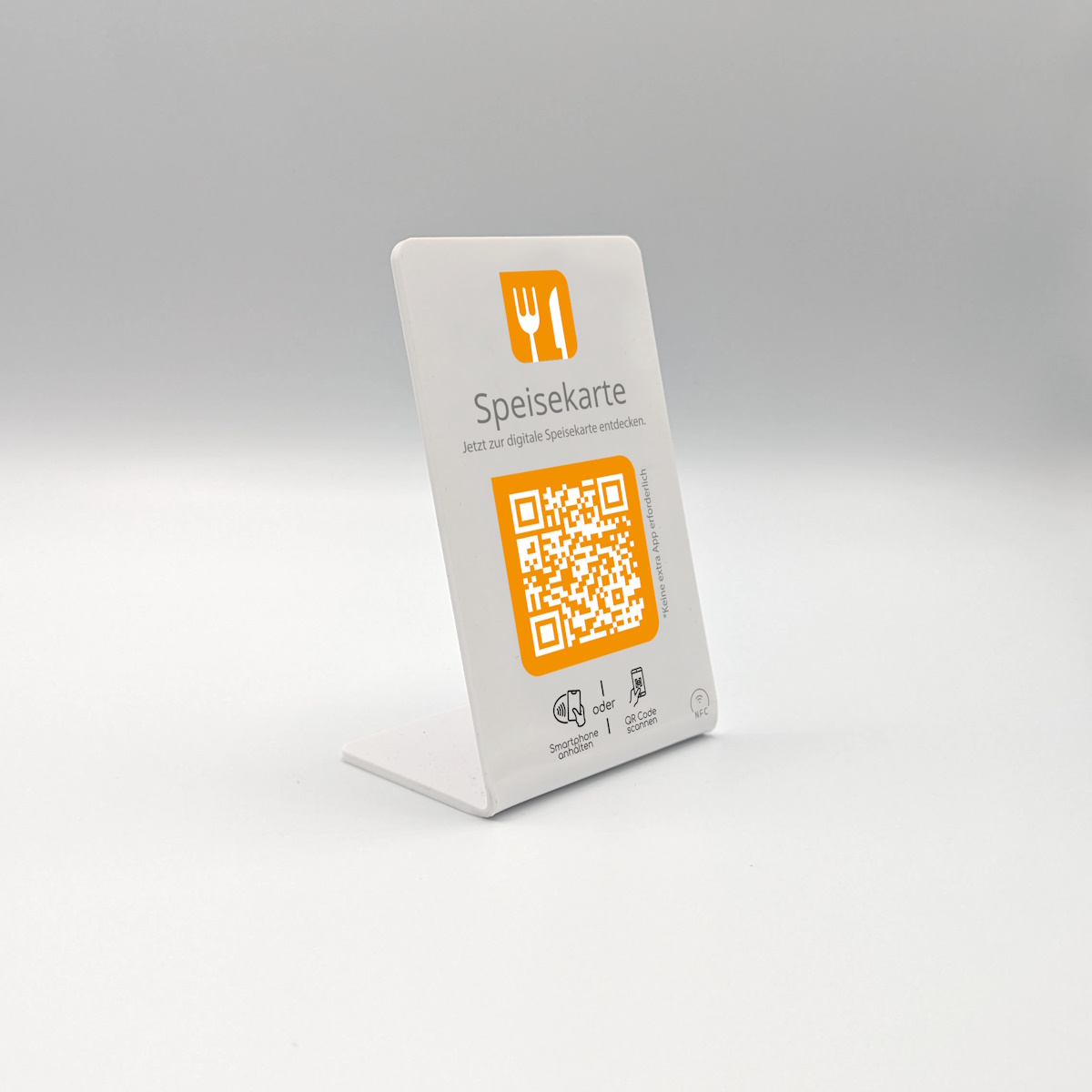 nfc aufsteller tag digitale speisekarte display empfehlio 1 Digitale Speisekarte NFC Aufsteller mit integriertem QR-Code für Restaurants und Cafés – Bild 1