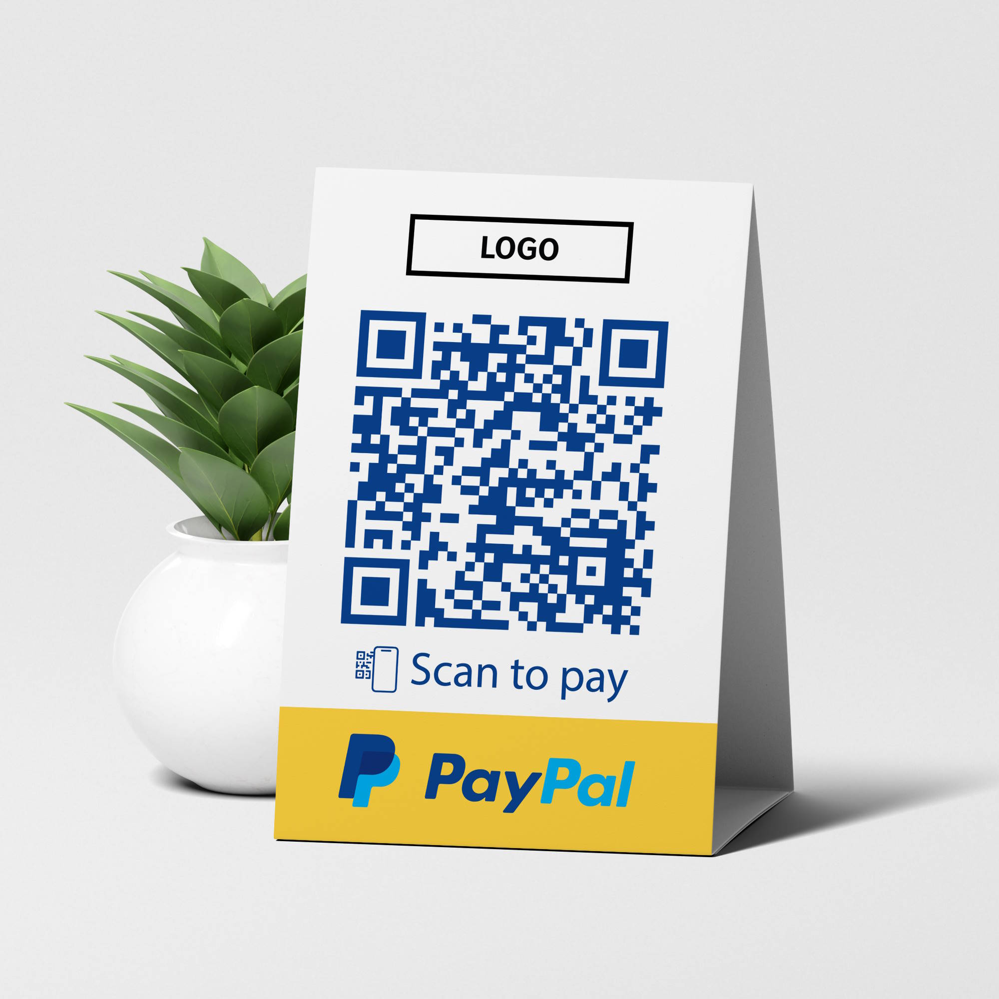 paypal pay bezahlen qr code table tent old design empfehlio truzzer b iso PayPal bezahlen QR Code Tischaufsteller Color – Bild 1