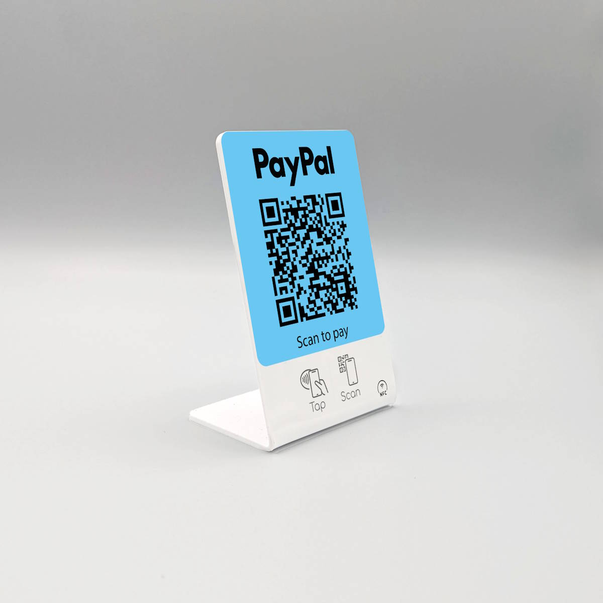 paypapl payment qr code nfc aufsteller empfehlio truzzer iso PayPal bezahlen NFC Tag und QR Code Tischaufsteller – Bild 1