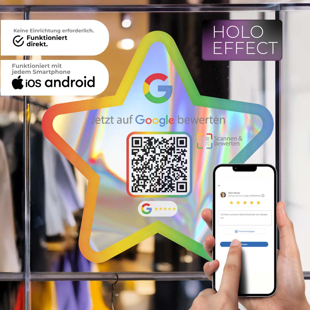 google-bewertung-qr-code-hologramm-aufkleber Google Bewertung Hologramm Sticker mit QR Code – Stern Design – 3 Größen – Eyecatcher für mehr Bewertungen – Bild 1